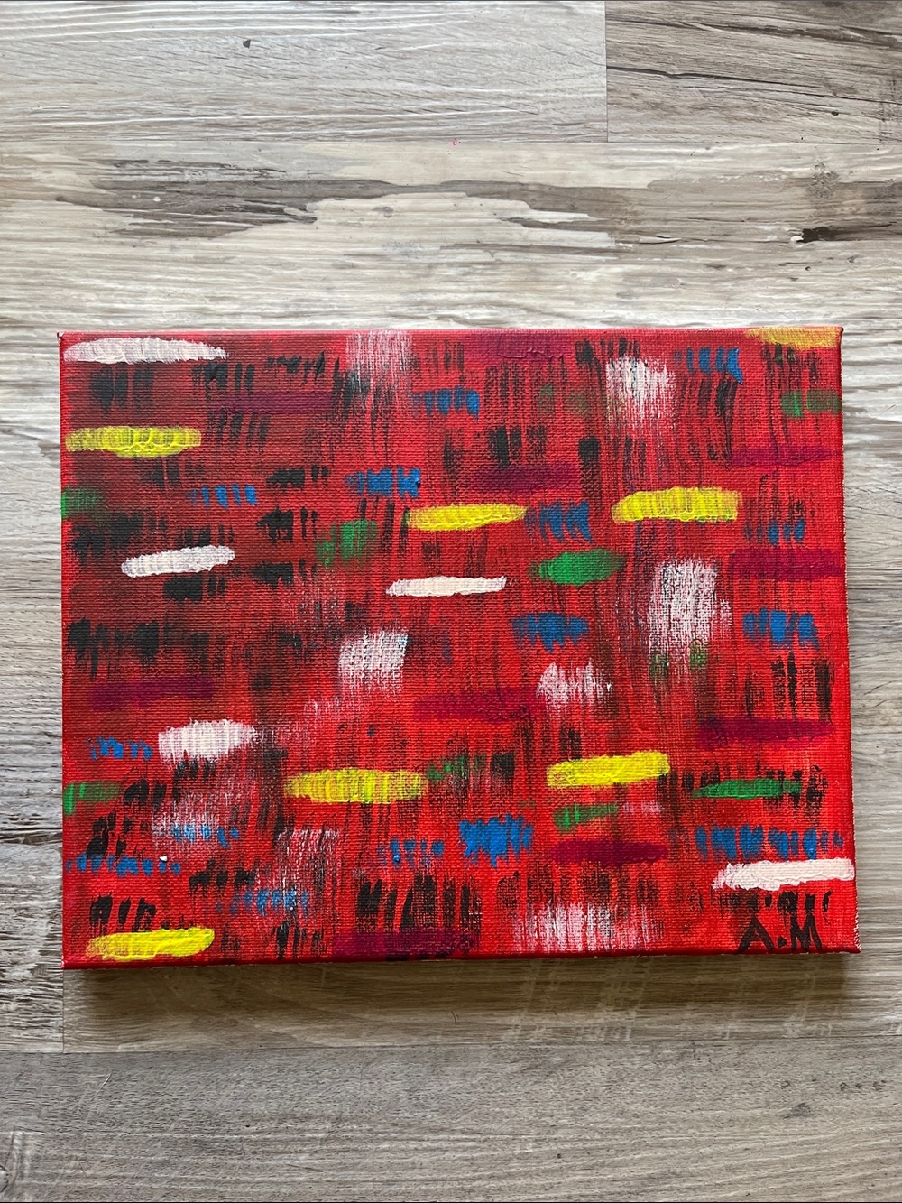 Abstract Red Canvas Painting with Bright Accent Strokes
